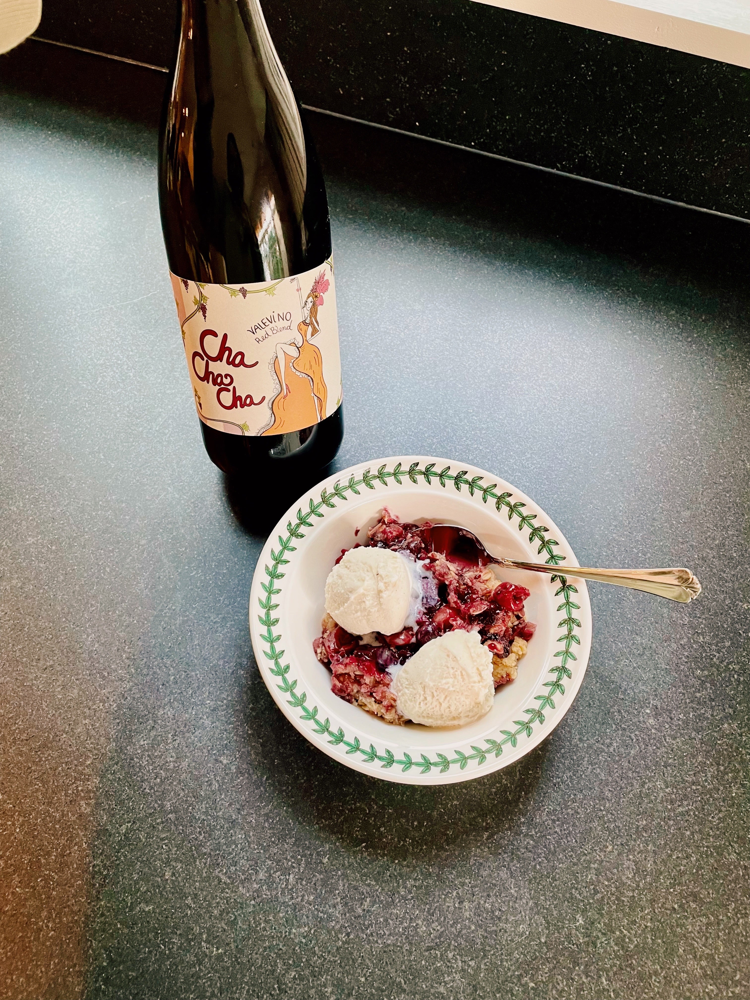 Red Wine Berry Crisp with Offline Wine Cha Cha Cha Red Blend