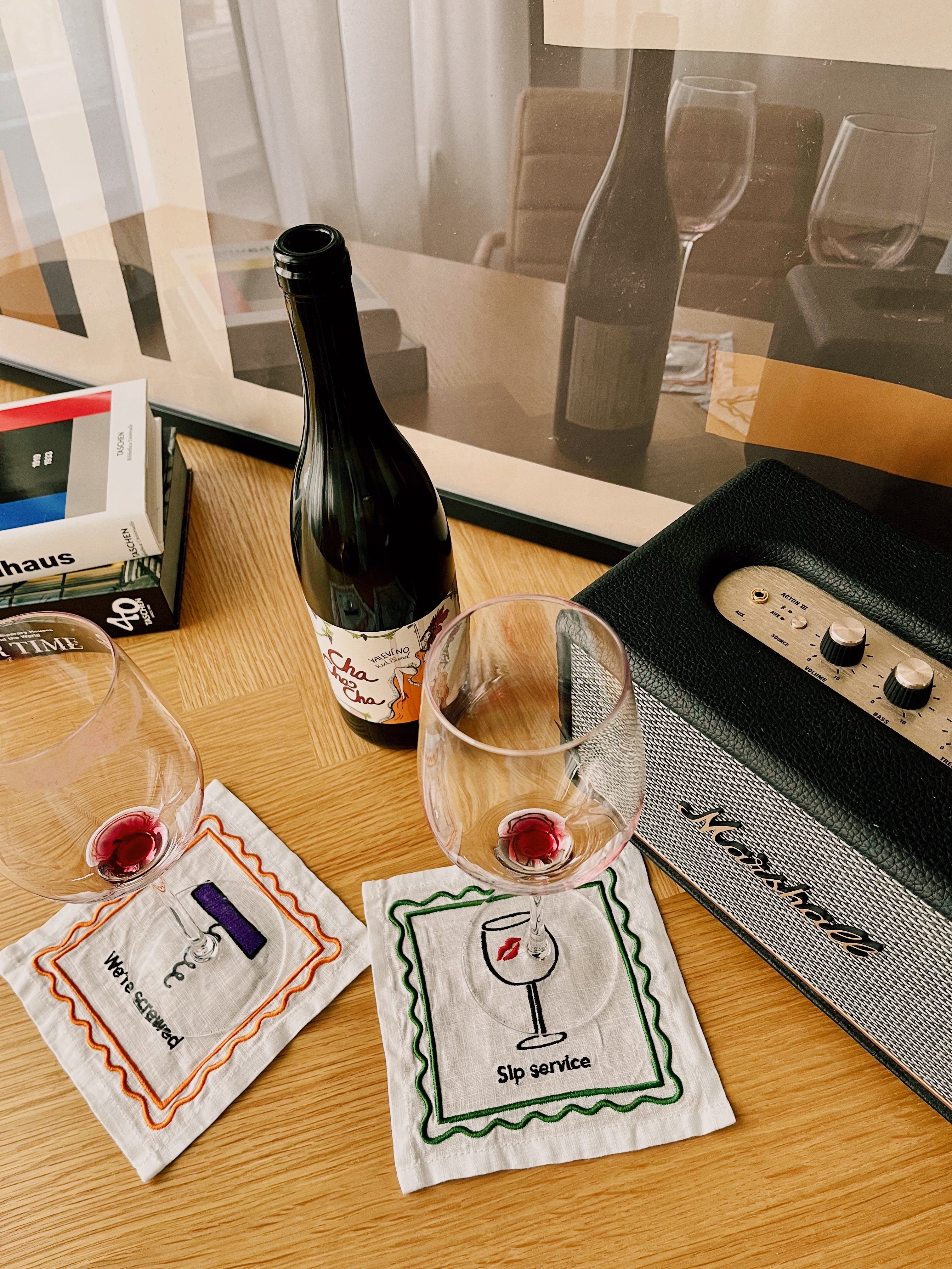 Cha Cha cha red blend and cheeky linen cocktail napkins from Offline Wine
